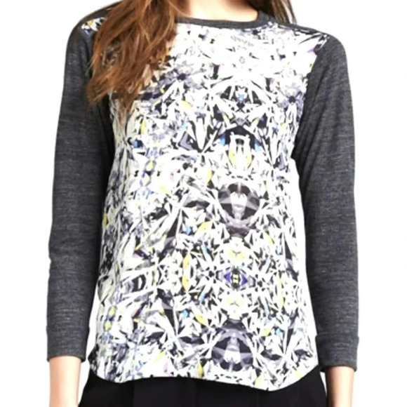 Rebecca Taylor Silk Diamond Print Baseball Tee 3/4 Sleeve Size 8 Crewneck Relax - Picture 2 of 10